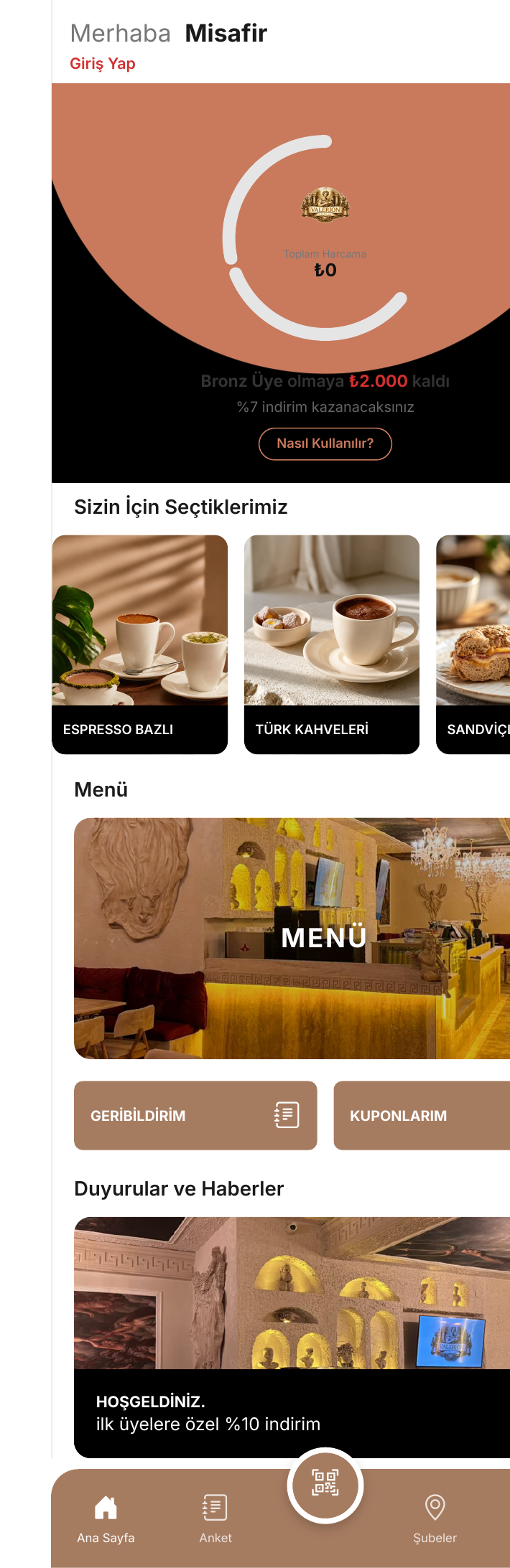 GreenApple POS entegre sadakat ve QR menü sistemi ekranı